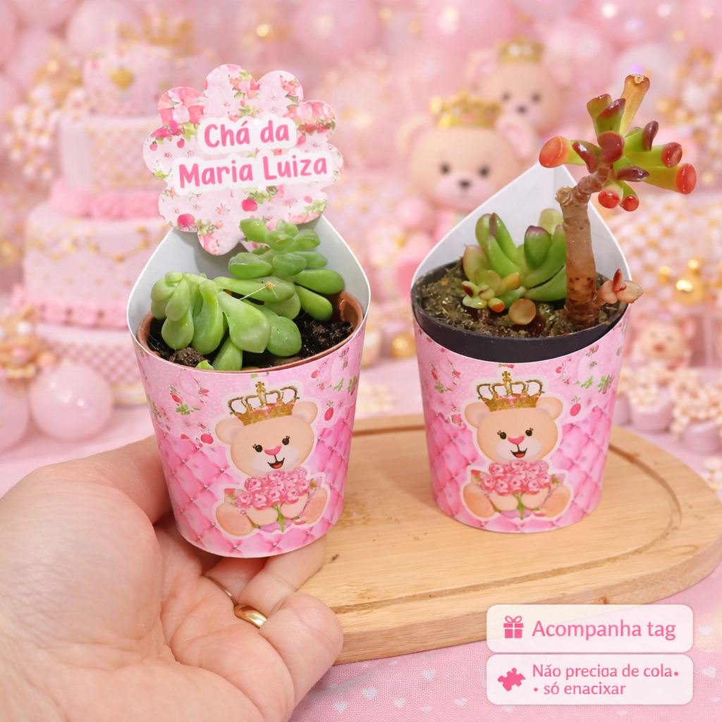Rótulo Suculentas +Tag Personalizada Centro de Mesa Ursinha Prinesa Rosa Lembrancinha Festa Aniversário Chá de Bebê