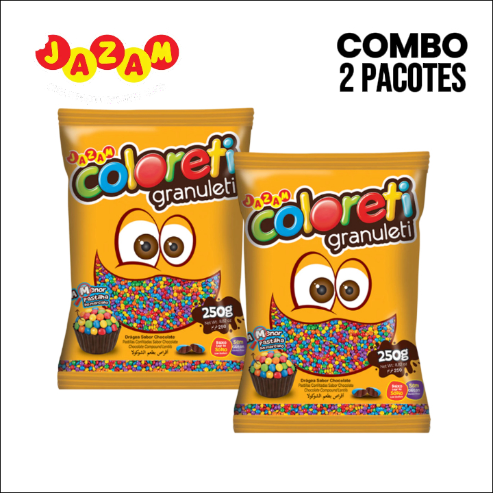 Kit 2x Coloreti Granuleti Confeito de Chocolate Sortido Pastilha Micro Pacote 2x250g  - Jazam