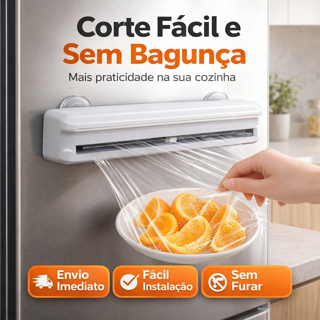 Suporte Dispenser Cortador Plástico Filme Fixação Ventosa Corte Fácil Sem Bagunça