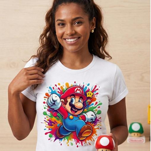 Camiseta Feminina Super Mario Bros Galaxy Estampa Geek Camiseta Casual Personagem Nintendo
