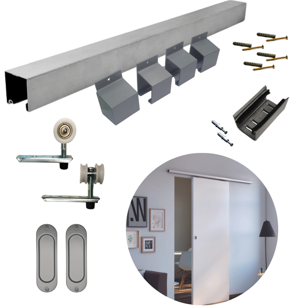 Kit porta de correr de 1.80m prata natural para porta de 92cm com fecho concha