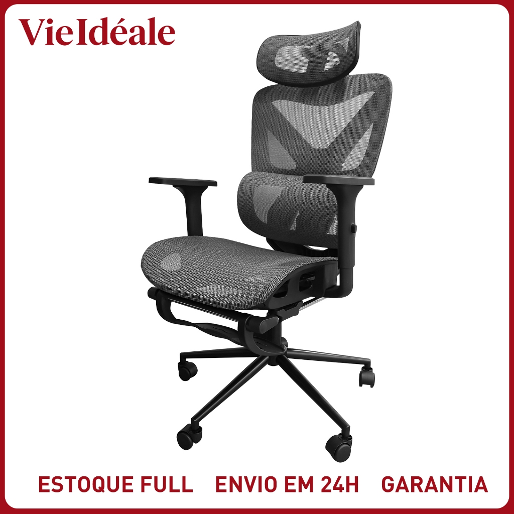 Cadeira de Escritório Ergonômica com Apoio para os Pés Braço 6D Ajustável Suporte Lombar Inclinação 135°Ajuste de Altura