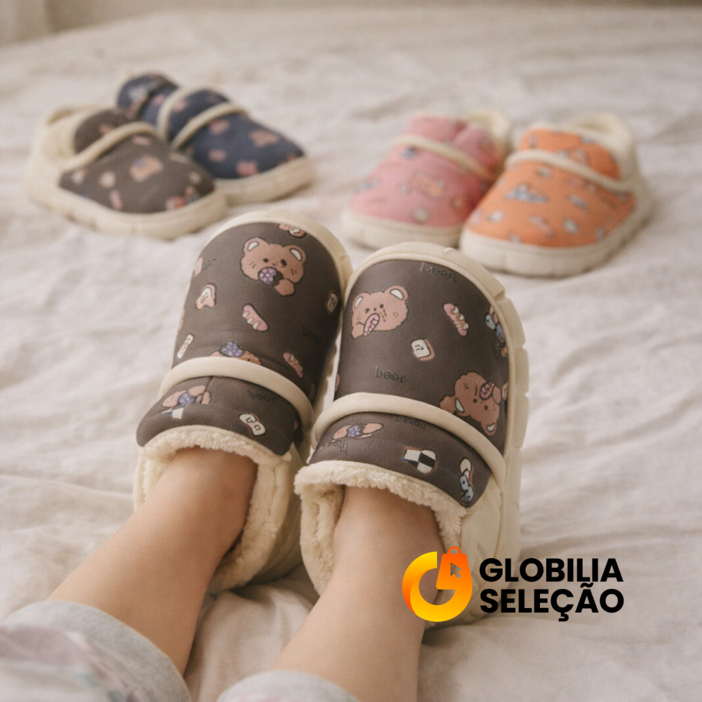 Pantufa Infantil Chinelo Casa Calçado Fechado Menino Menina Impermeável PU Pelúcia Forro Confortável Inverno FTX1679CA