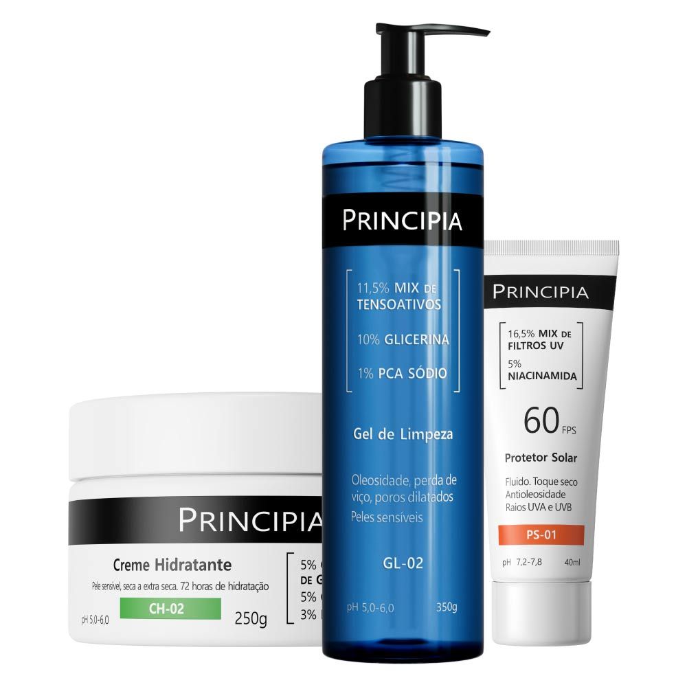 Principia Kit Hidratação c/ Gel de Limpeza GL-02 + Creme Hidratante Corporal CH-02 + Protetor Solar PS-01 FPS 60