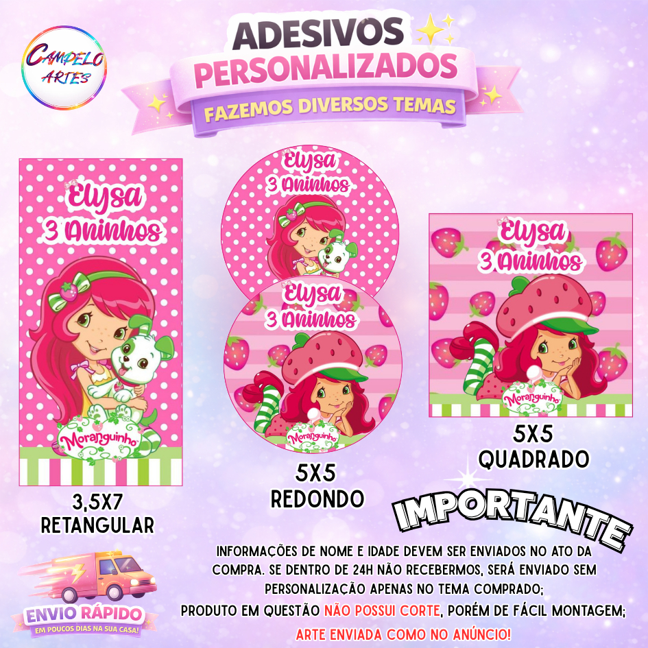 40~120 ADESIVOS PERSONALIZADOS COM NOME E IDADE PARA LEMBRANCINHAS - TEMA: MORANGUINHO