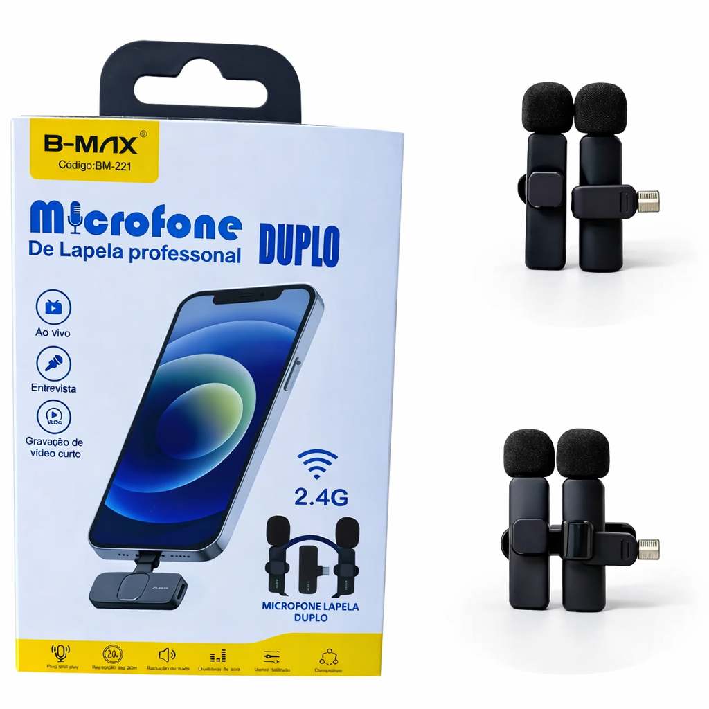 Microfone de Lapela Duplo Sem Fio Tipo-C para Celular Android e IOS