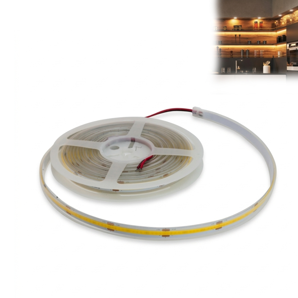 Fita LED Foxlux COB IP65 15W 3000K 12V 5M Branco Quente Para Sancas, Móveis e Decoração