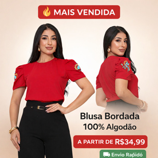 Blusa Manga Bordada Feminina Bufante Elegante Delicada Algodão Casual Princesa em Oferta na Shopee