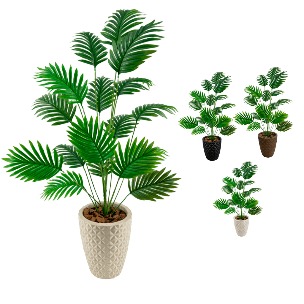 Palmeira Artifical + Vaso Polietileno Completo Cores Acompanha Casca Pinus