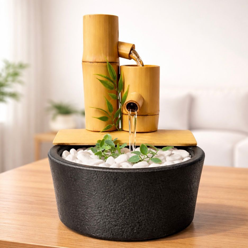 Imagem Fonte de Água Bambu Zen 2 Quedas Preta Decorativa Feng Shui Cascata Relaxante Tranquilidade