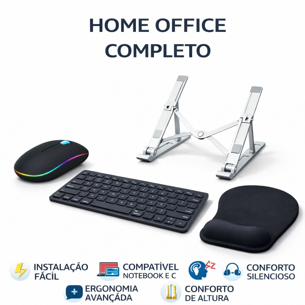 Kit Home Office Mouse Sem Fio Suporte Notebook Alumínio Ajustável Mouse Pad Grande Ergonomico