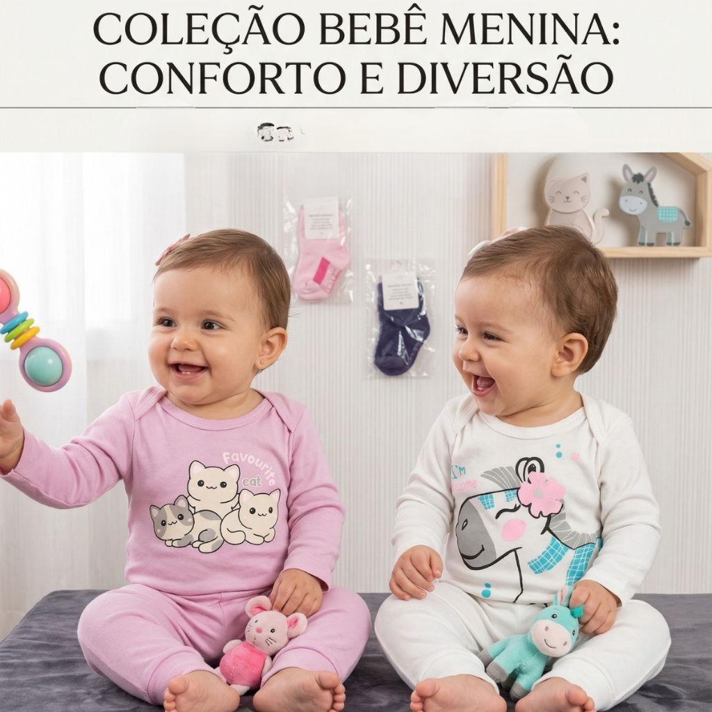 Kit 2 Conjuntos Body + Calça Menina Infantil Roupa Bebê Estampas Sortidas