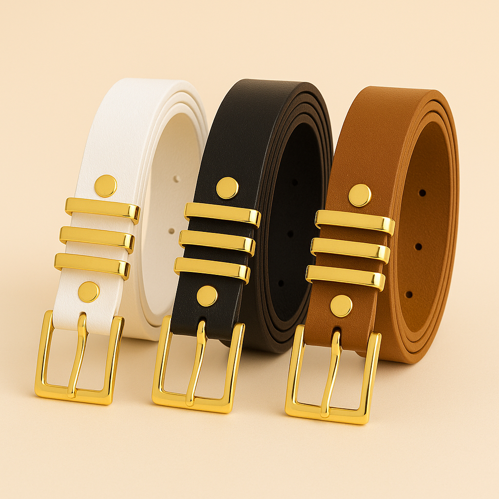 Kit 3 Cintos Femininos Couro Premium Fivela Dourada Ajustável Moda Luxo  PRETO BRANCO CARAMELO