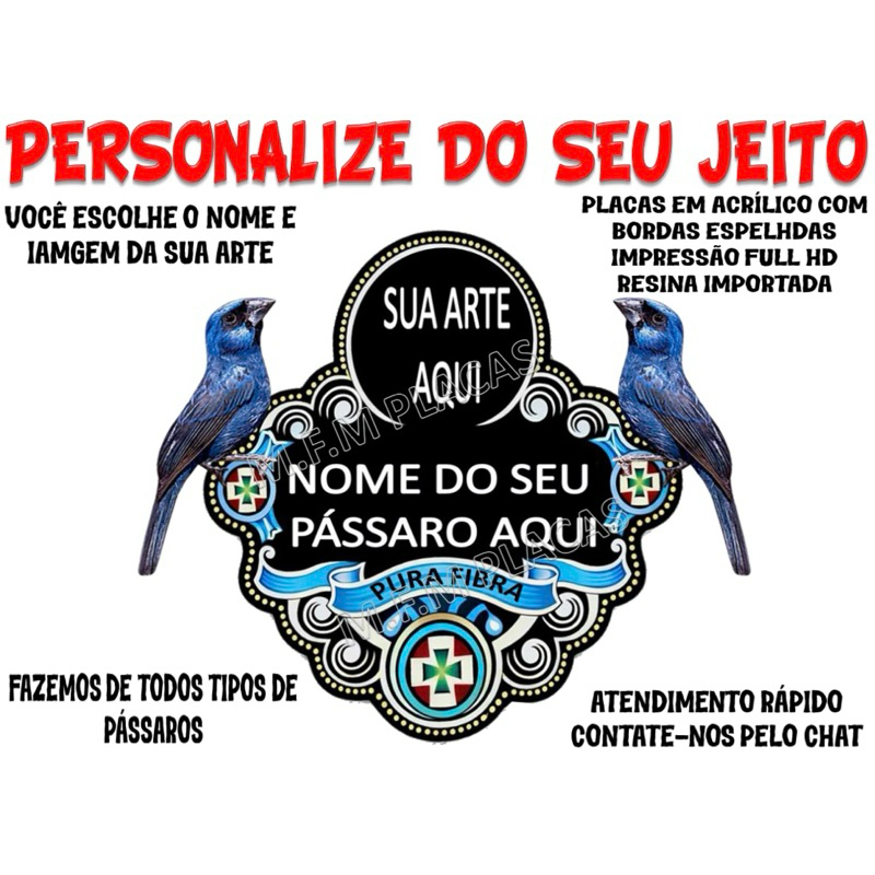 Placa De Gaiola Resinada Em Acrilico Pássaro Azulão Trinca Ferro Canário Todas As Espécies