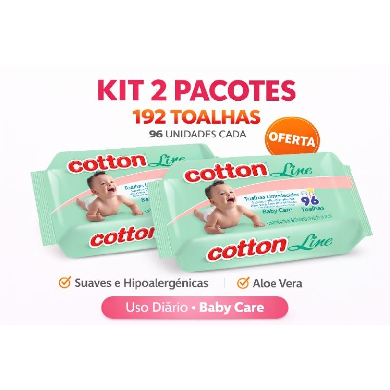 Toalhas Umedecidas Cotton Line Kit 2 Pacotes 96 Unidades Cada 192 Lenços Sem Álcool