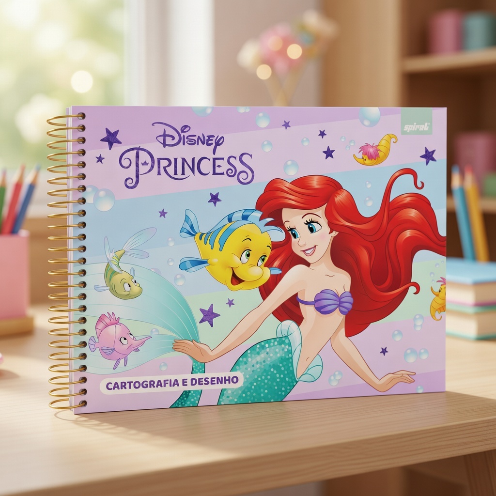 Caderno de Desenho Ariel A Pequena Sereia 48 Folha Capa Dura Cartografia Princesa Espiral Disney