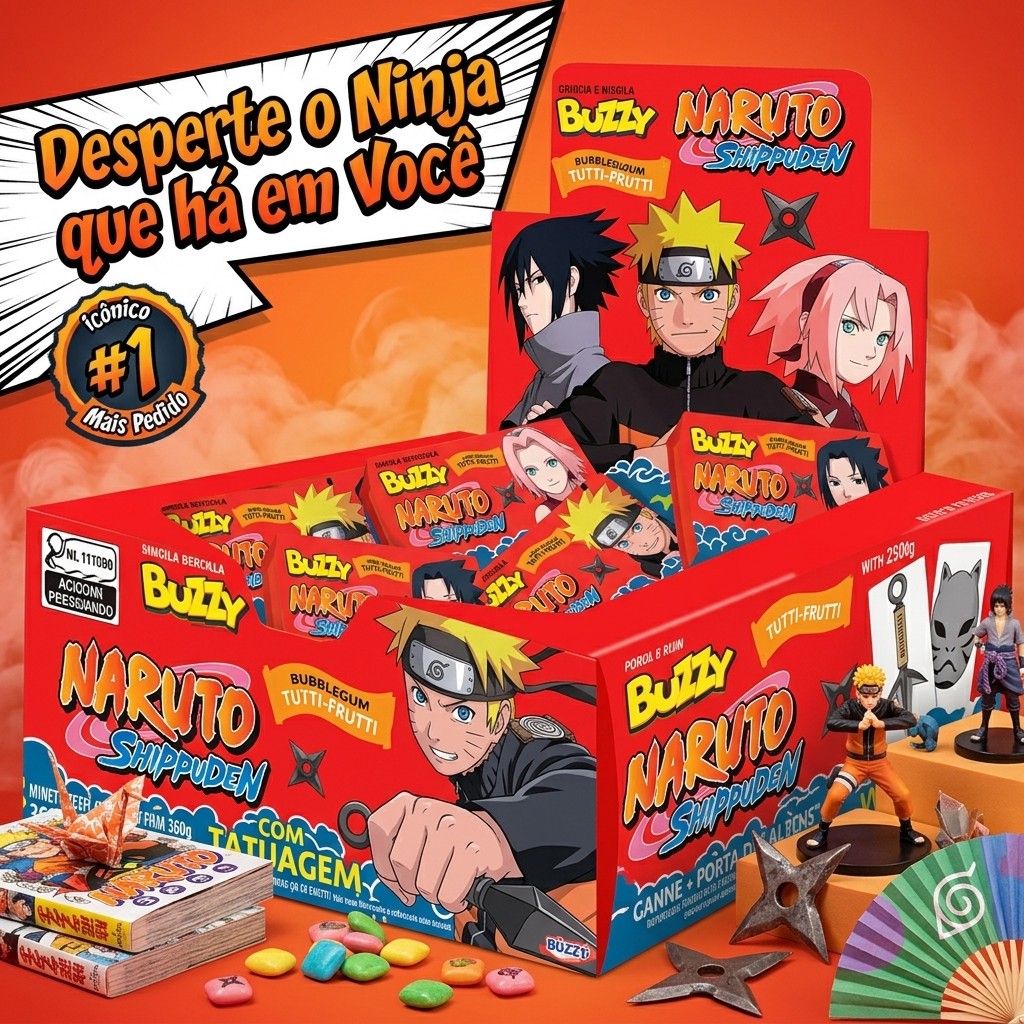 Chiclete Naruto Buzzy Tutti Frutti Com 90 Unidades Figurinhas Adesivas Colecionáveis Lembrancinha