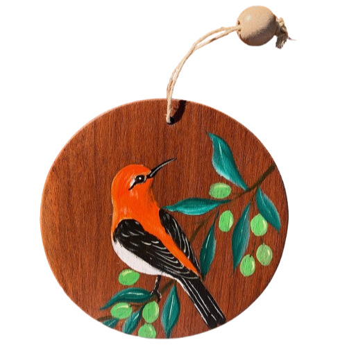 Pássaro Laranja Na Bolacha De Madeira Quadro Redondo Feito Manualmente Para Decoração