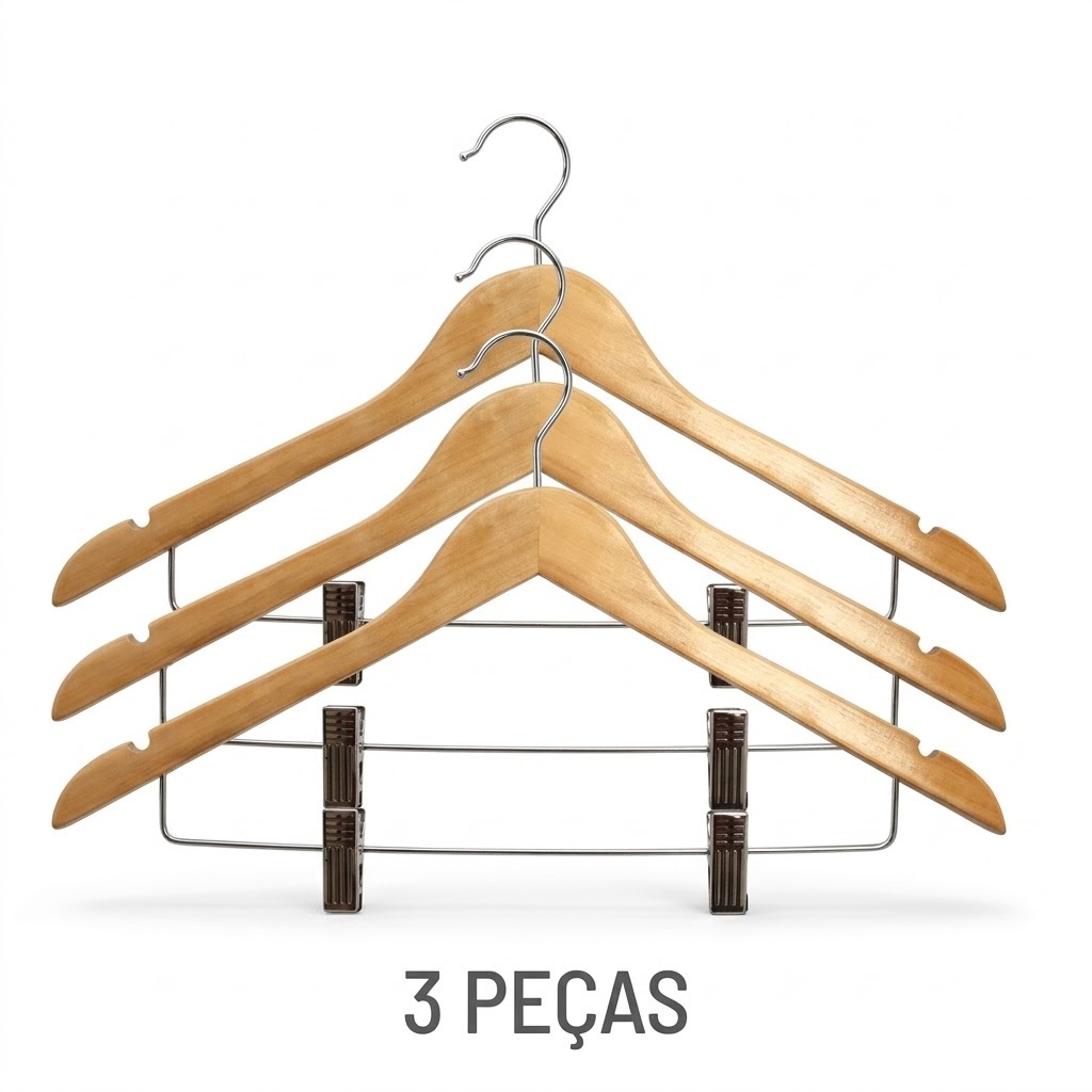 Cabide de Madeira Adulto Kit 3 Peças com Cava Antiderrapante Resistente para Roupas Pesadas