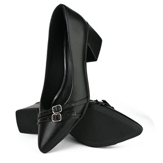 Sapato Scarpin Feminino Bico Fino Social Trabalho DONATELLA SHOES Fivela Salto Grosso Quadrado Alto Confortável Mulher