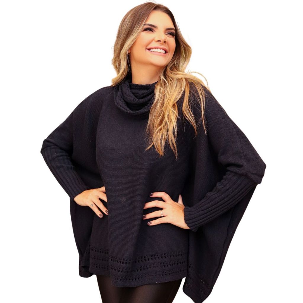 Poncho Feminino Tricô Gola Alta Blusa Casaco Tricot Inverno Lã Liso