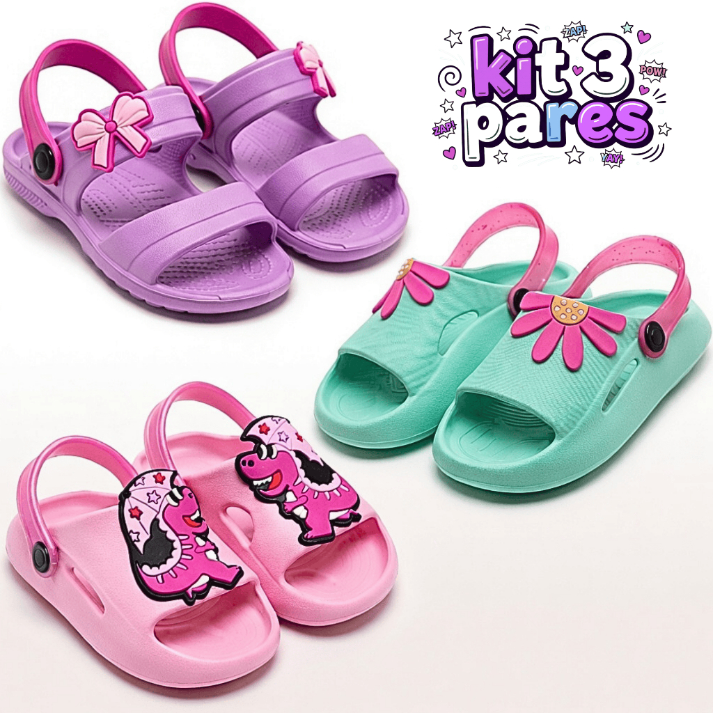 Kit 3 Pares Sandália Papete Infantil Menina Leve e Confortável em Oferta na Shopee
