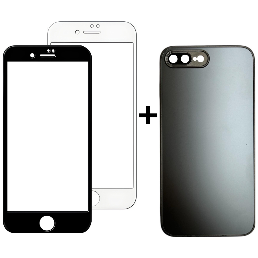 Kit Capinha Preta Vidro Fosco e Película para Iphone 7 Plus Iphone 8 Plus 3D Transparente Temperado
