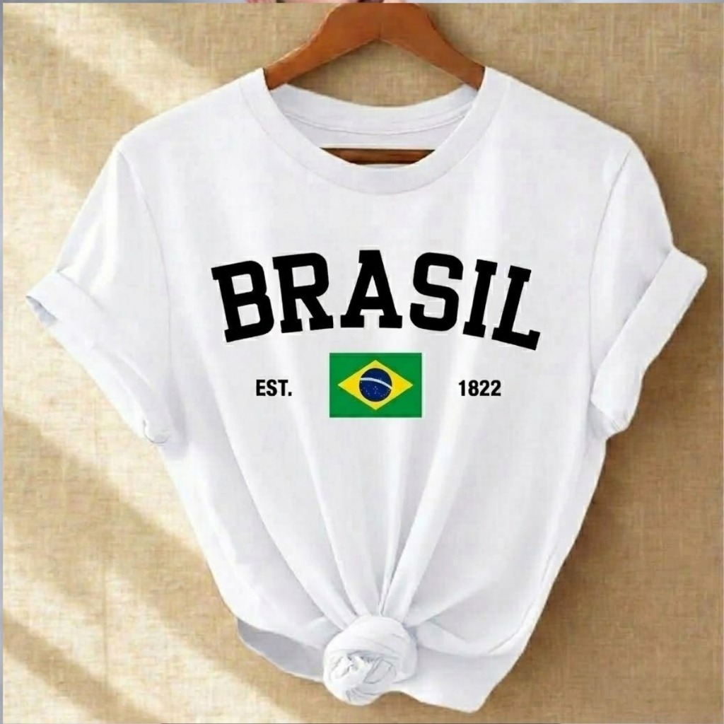 Camisa Feminina Brasil T-shirt Estampada Camiseta Gola Redonda 100% Algodão Macio em Oferta na Shopee