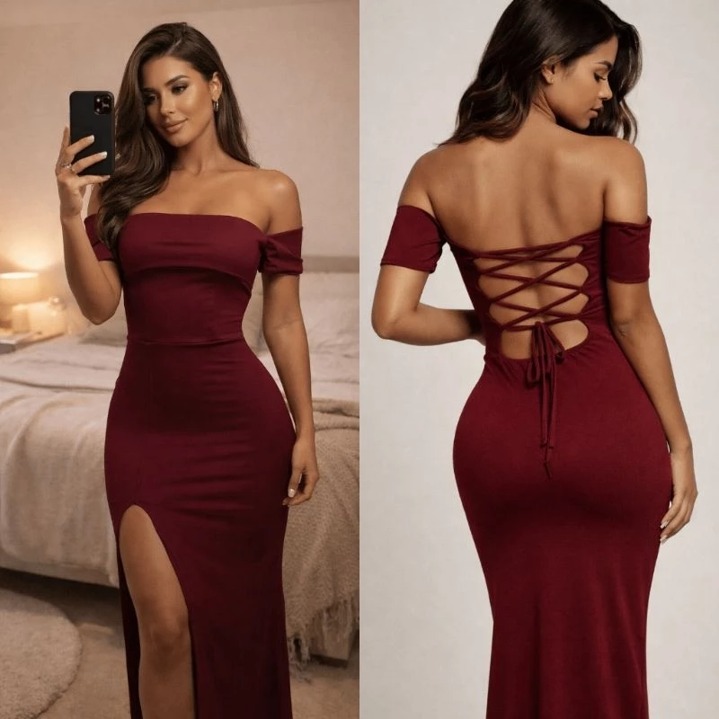 Vestido Longo Vinho Suplex Empina Bumbum Costas Abertas Amarração Fenda Elegante Festa 36 ao 42 Premium — imagem 1