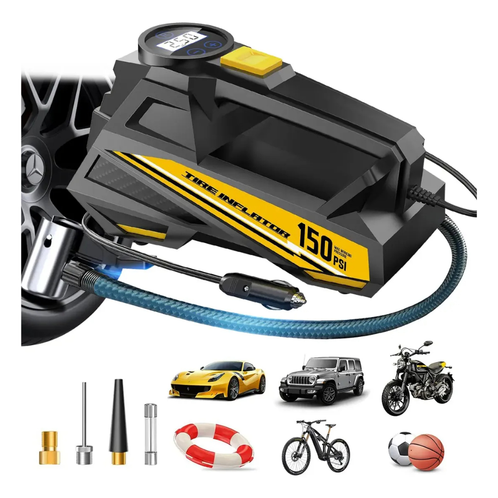 Inflador de Pneus Elétrico 150PSI Compressor de Ar Portátil Digital com Luz LED Para Carro Moto Bicicleta e Bolas
