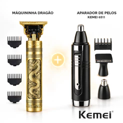 Kit Kemei 6511 + Máquina Dragão Cortar Cabelo Barba Barbeador Nariz Profissional Recarregável USB