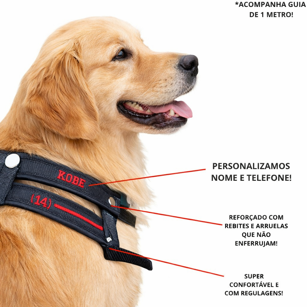 Coleira com nome pra cachorro vai guia confortável costurado forte ideal para passear e adestrar