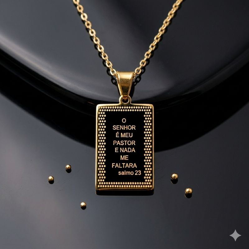 Colar Cordão Masculino e Feminino Aço Inoxidável Pingente Placa Salmo 23 O Senhor é Meu Pastor Não Escurece Luxo