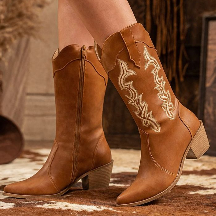 Bota Texana Feminina Salto Bloco Grosso Western Bordada Cano Médio Conforto Estilosa Rodeio Festa