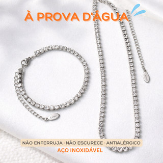 Kit Colar Riviera + Pulseira Riviera Ajustável com Zircônias -  Aço Inox Prata e Dourado com Banho de Ouro 18K (PVD)