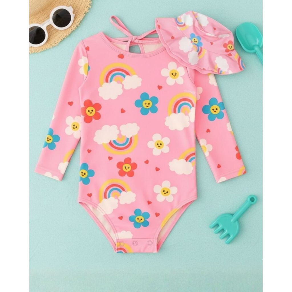 Kit Maiô Biquíni Bebê Infantil UV 50+ Manga Longa com Chapéu em Oferta na Shopee