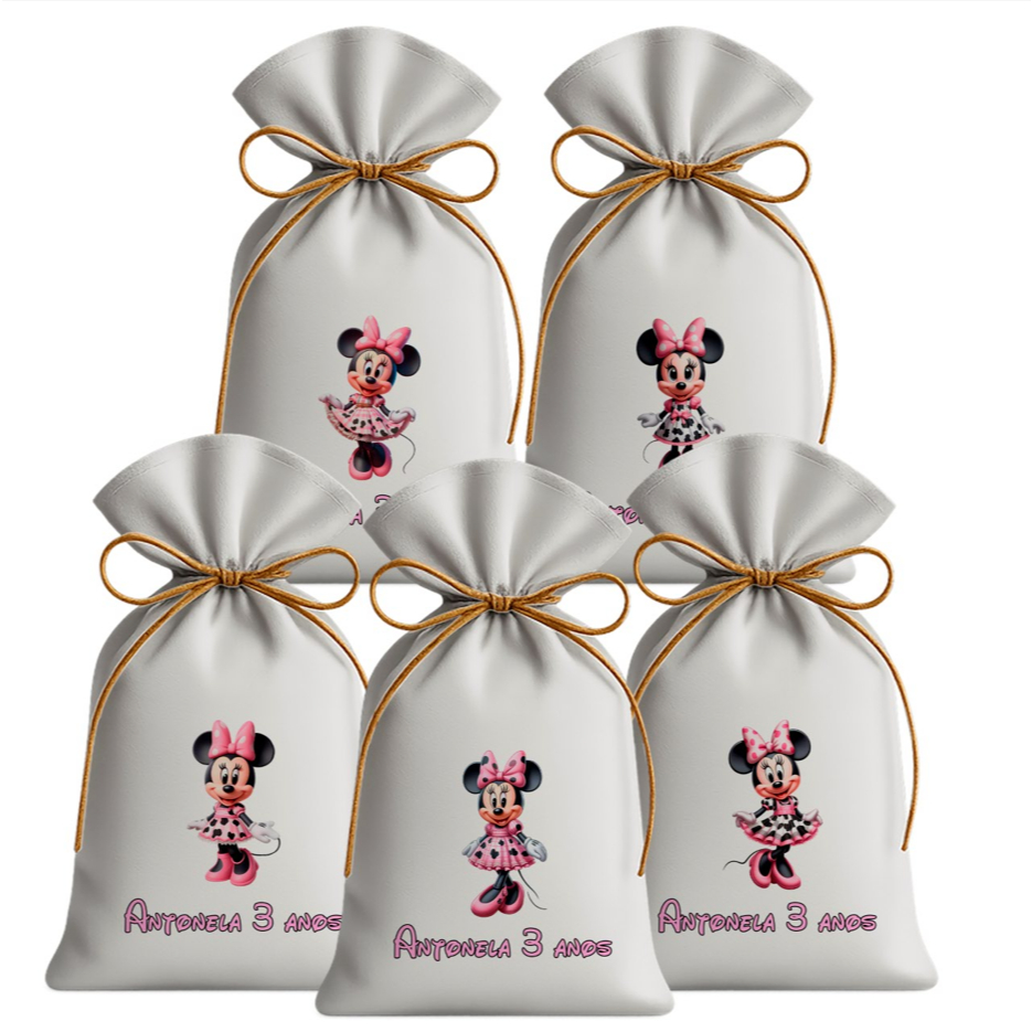 Saquinho Sacolinha Lembrancinha Festa Aniversário Infantil Tecido Personalizado Minnie Rosa 3D