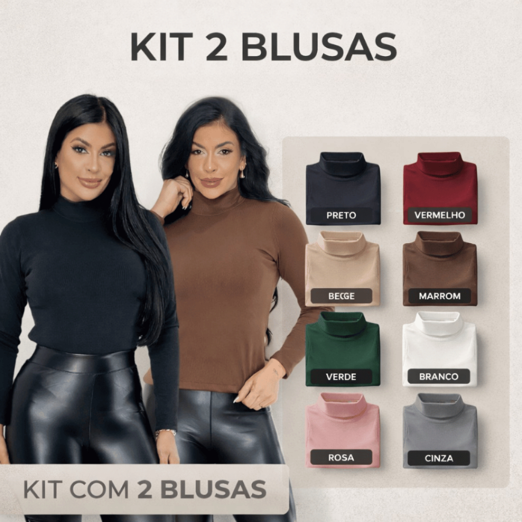 Kit 2 Blusa Feminina Manga Longa Elegante Gola Alta Canelada Premium P a G1 Moda Inverno Frio