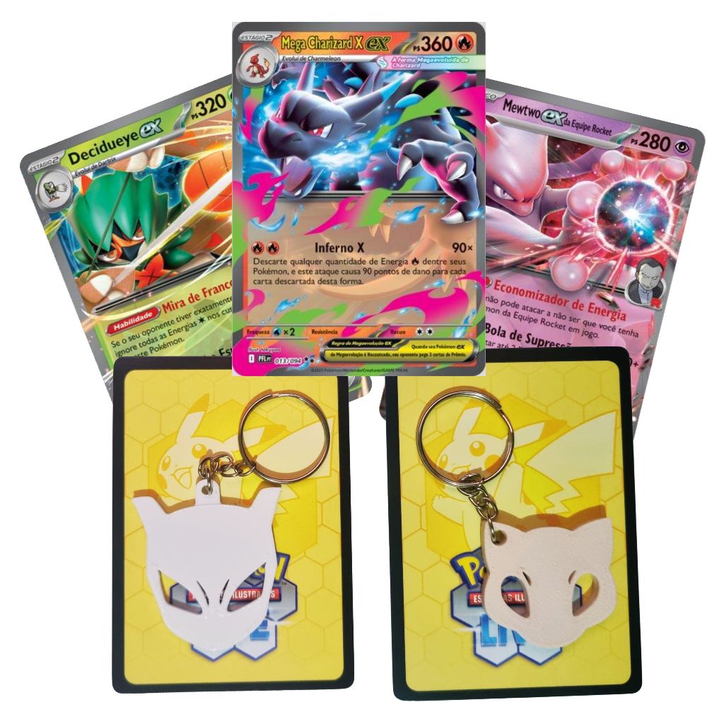 3 Cartas Pokémon Ultra Raras + Chaveiro Brinde Mew Ou Mewtwo