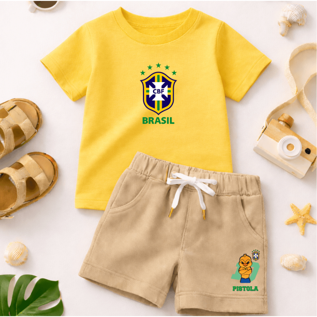 Conjunto Infantil Brasil Para Meninos Estiloso de Verão - Camiseta Manga Curta e Bermuda de Moletom Casual Copa Do Mundo