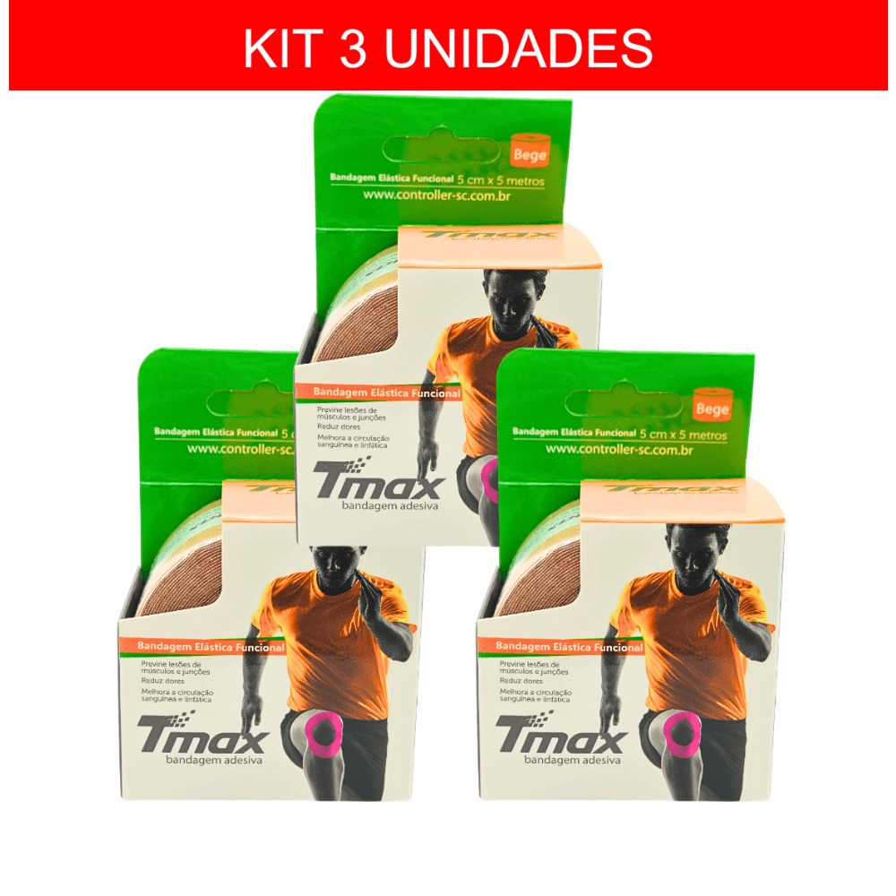 KIT 3 Unidades Fita Kinesio TMAX Bandagem Elástica Terapêutica 5 Cm X 5m TMAX Original
