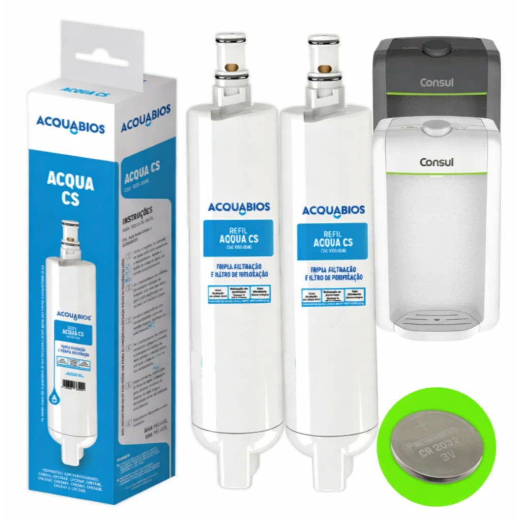 Kit 2 Refil Compatível Com Filtro Purificador de Água Consul Acqua CS Com Tripla Filtração + Bateria