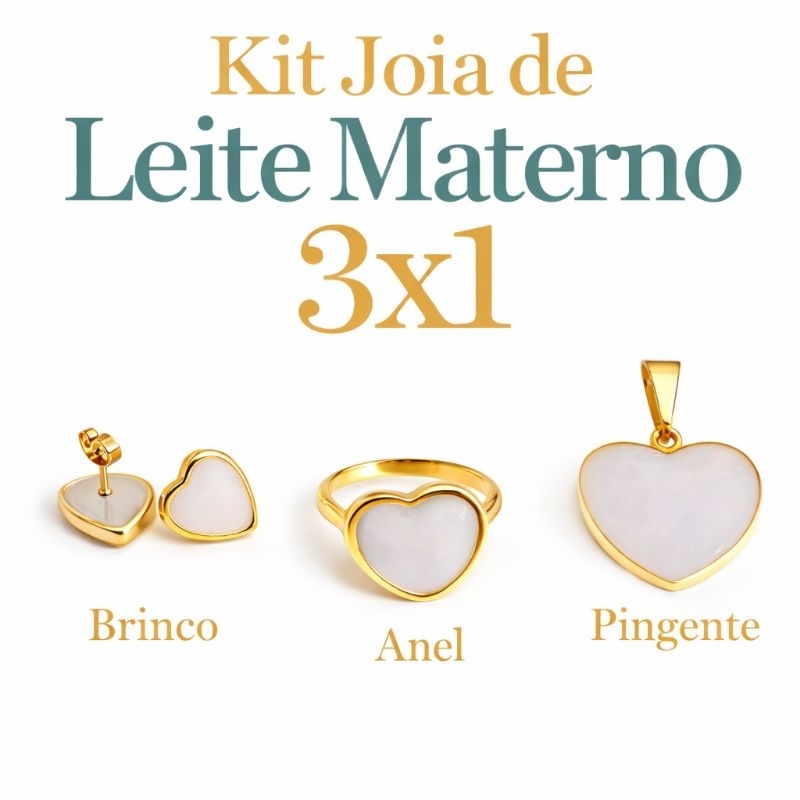 Kit Joia de Leite Materno 3x1 Coração. ANEL + BRINCO + PINGENTE