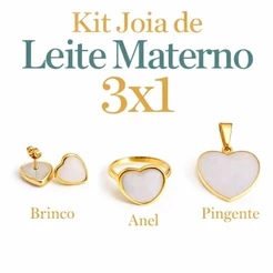 Kit Joia de Leite Materno 3x1 Coração. ANEL + BRINCO + PINGENTE