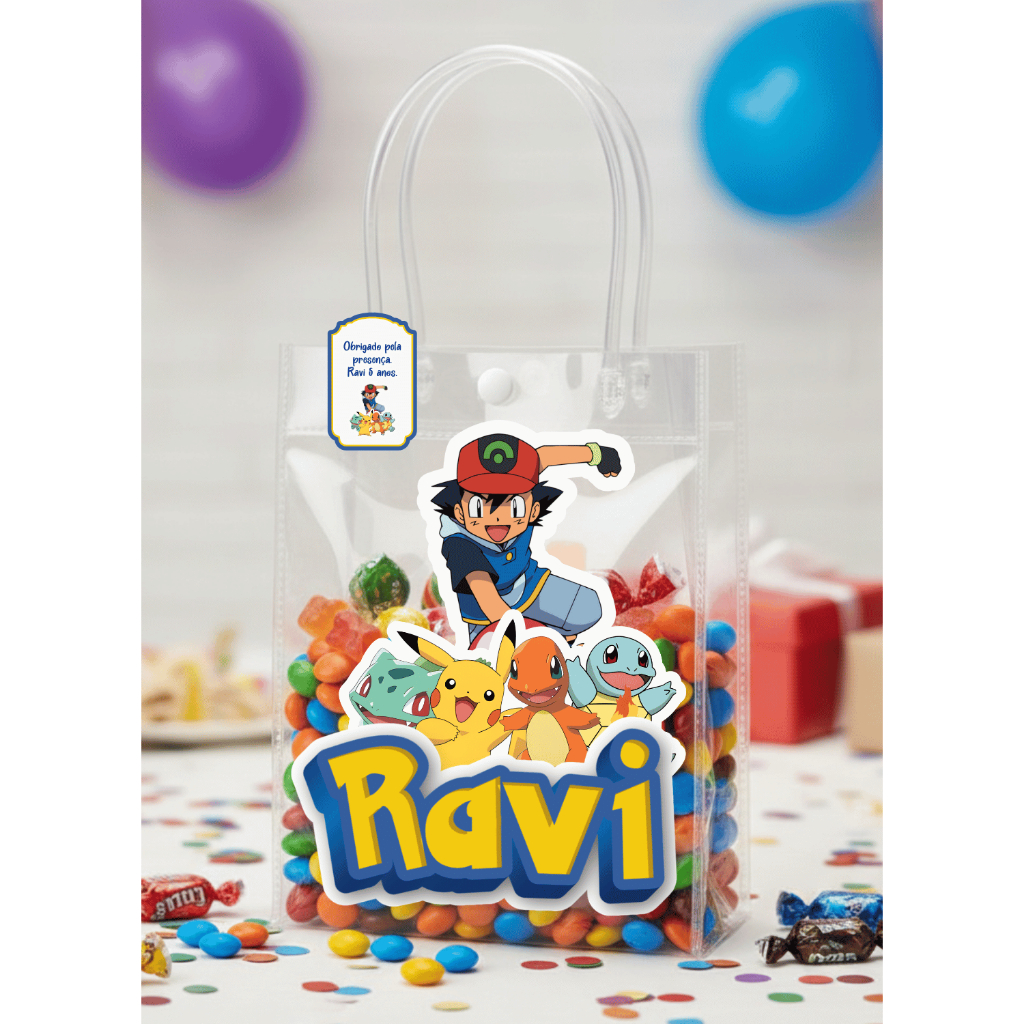 Adesivo Personalizado Para Sacolinha Pokemon + Tag de brinde - Todos os Temas - Festa de Aniversário - Lembrancinha