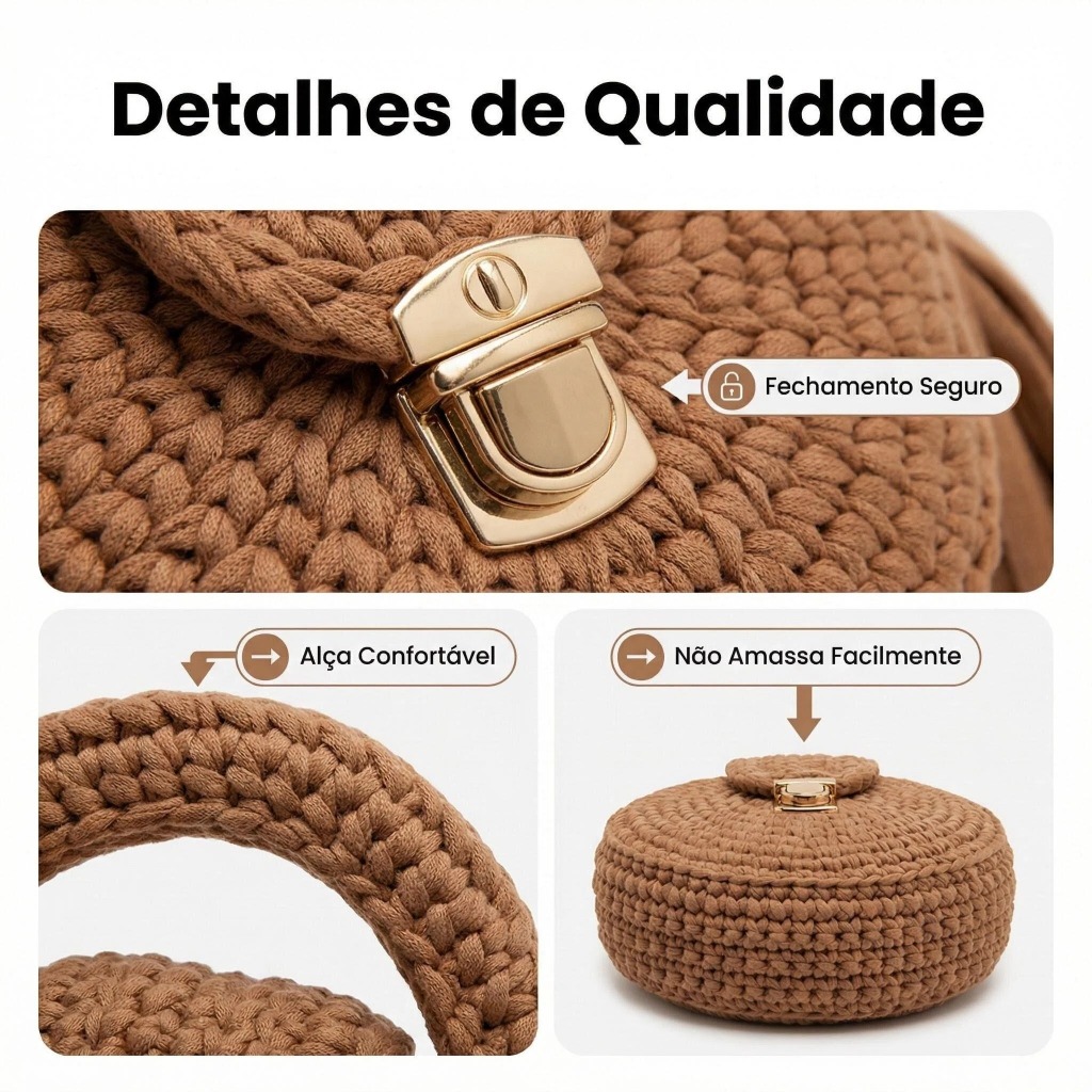 Bolsa Feminina Crochê Redonda Elegante com Alça Transversal Ideal para Passeio Praia e Viagem — imagem 2 de 2