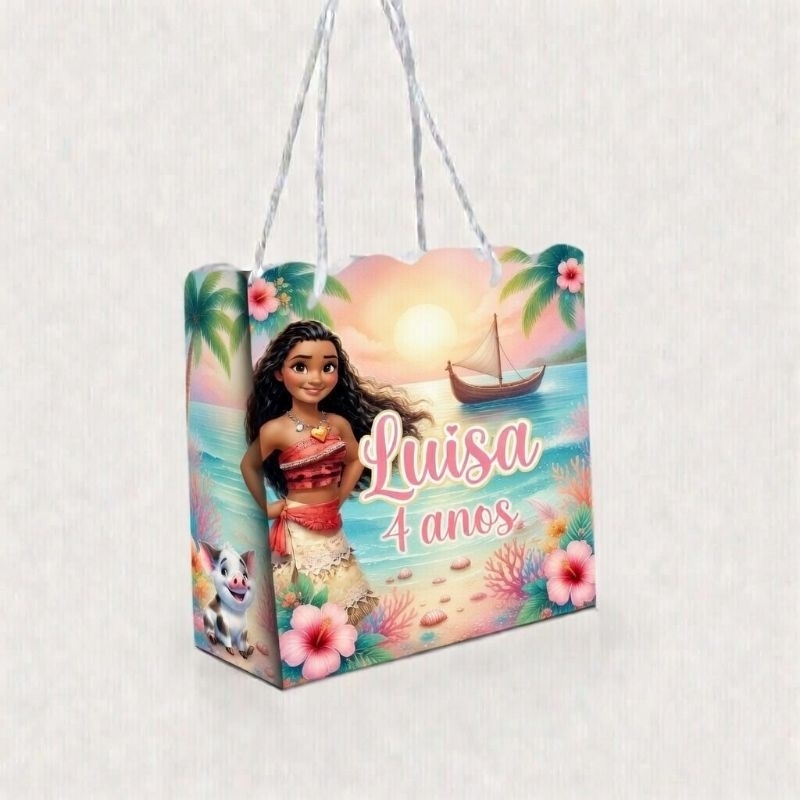 Sacolinha Personalizada Moana com Nome e Idade | Lembrancinha Infantil Festa Tema Praia Menina Moana Baby Aniversário