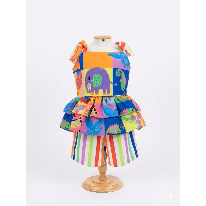 Conjunto Infantil Menina Colorido Estampado Verão Roupa Feminina Festa Casual Confortável 2 a 8 Anos
