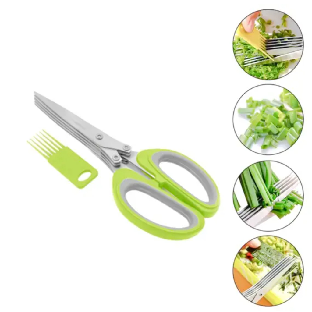 Tesoura de 5 Lâminas para Ervas e Temperos Cortador de Cheiro Verde Tesoura Multi Lâminas Cozinha Inox
