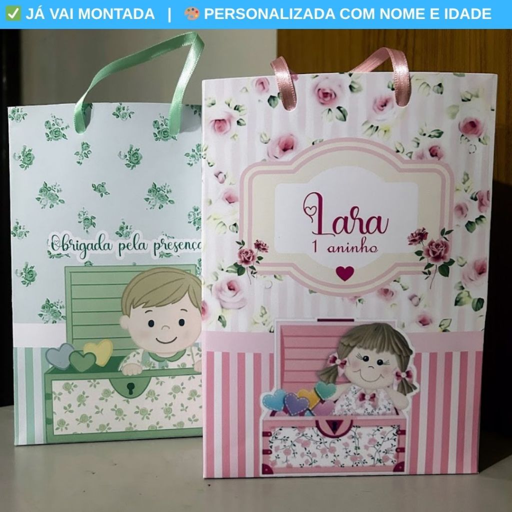 Sacolinha Surpresa Personalizada Boneca de Pano Rosa e Verde Bebê Festa Lembrancinha Aniversário